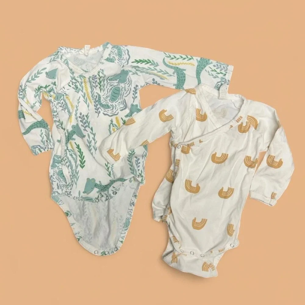Kate Quinn Bodysuit Set 6-12M White Tan Green Organic Cotton Kimono Wrap 2pk